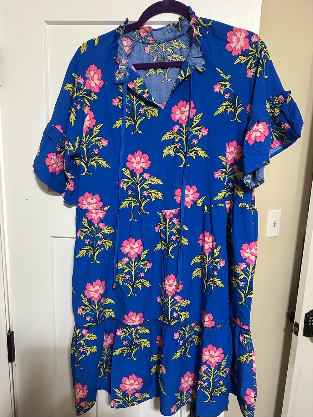 Womens Blue Floral Ruffle Dress - Pink Flower Print